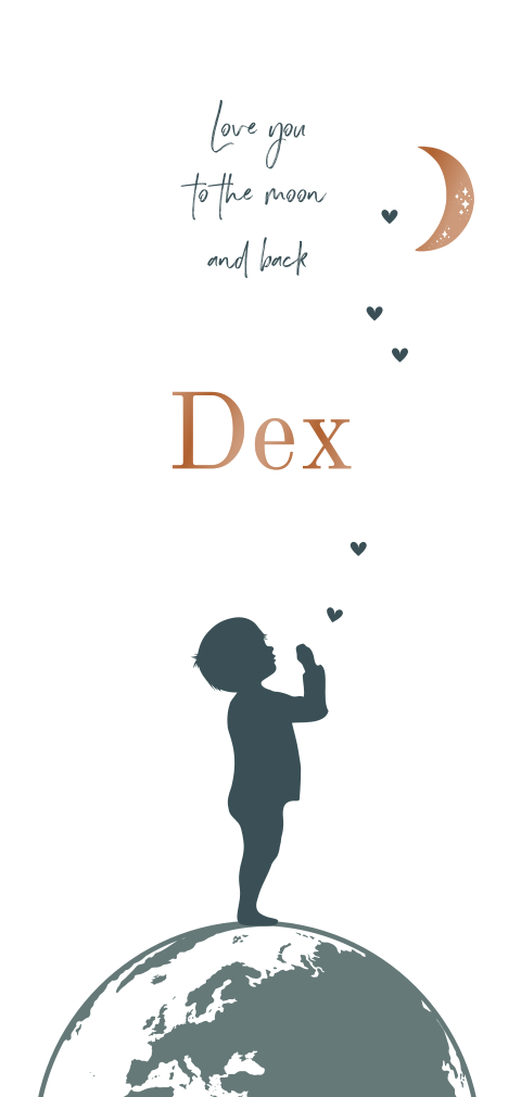 Hip geboortekaartje met jongetje op wereldbol en hoogglans