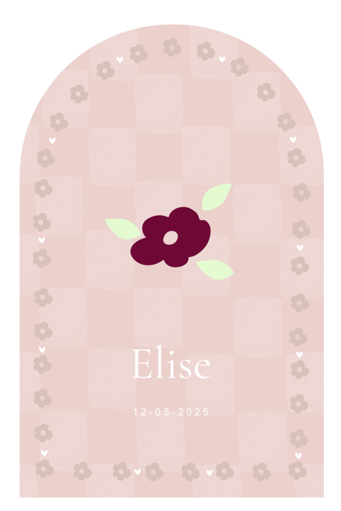 Lief geboortekaartje meisje met roze ruitjespatroon en bloemetjes