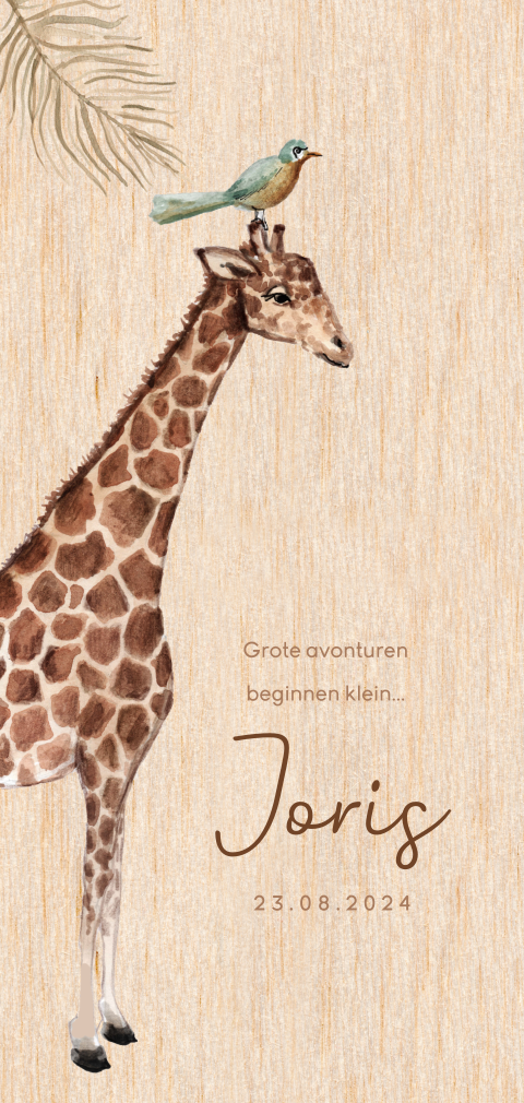 Lief echt houten geboortekaartje met een giraffe en vogeltje