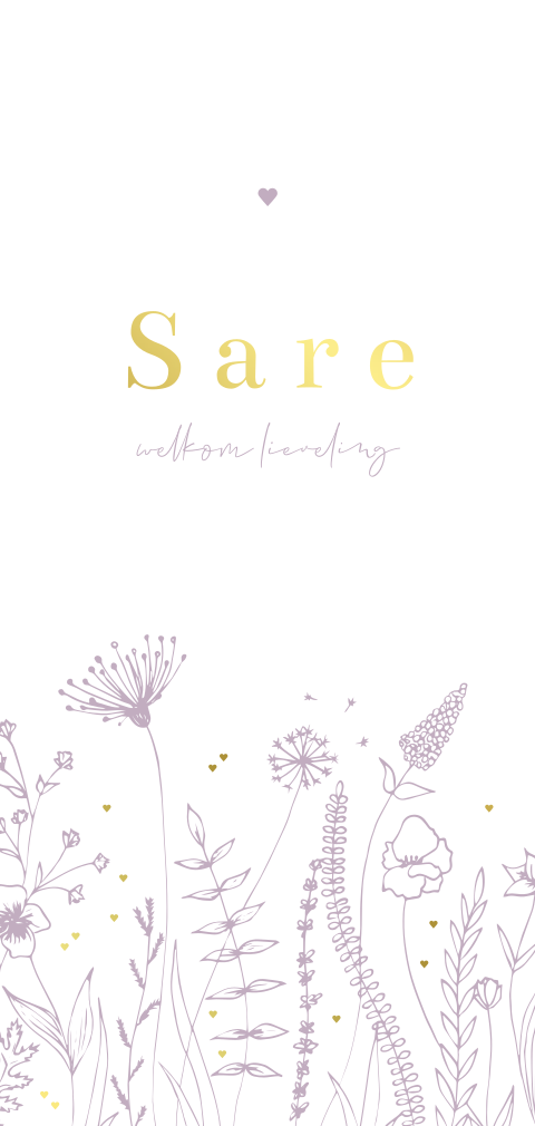 Goudfolie geboortekaartje met paarse lijntekening van bloemen