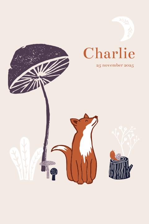 Herfst geboortekaartje met vosje en grote paddenstoel