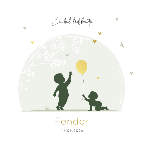 Lief geboortekaartje met silhouetjes en goudfolie ballon voor broertje