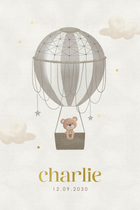 Lief geboortekaartje neutraal met beertje in luchtballon