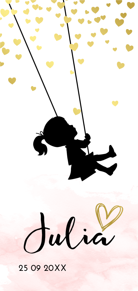 Goudfolie geboortekaartje met silhouet en hartjes in goud