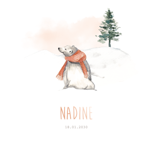 Roségoudfolie geboortekaartje met illustratie ijsbeer in de sneeuw