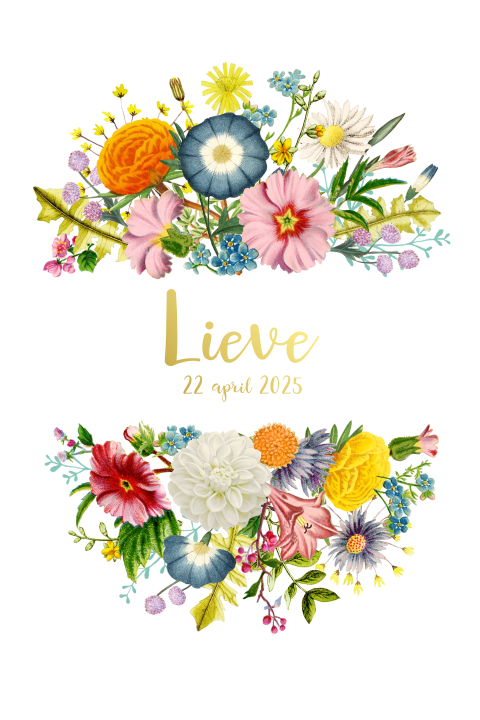 Stijlvol goudfolie geboortekaartje voor meisje met kleurrijke bloemen