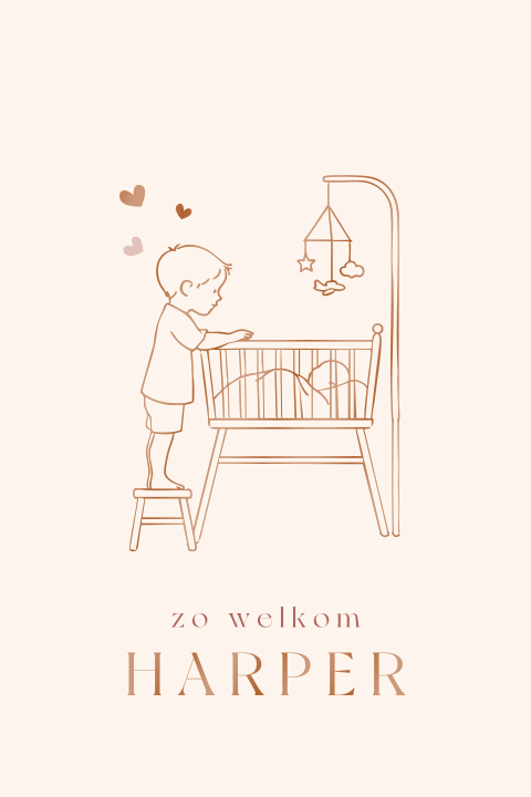 Stijlvol geboortekaartje met lijntekening wiegje en grote broer