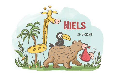 Lief geboortekaartje met giraffe, toekan, beer en baby