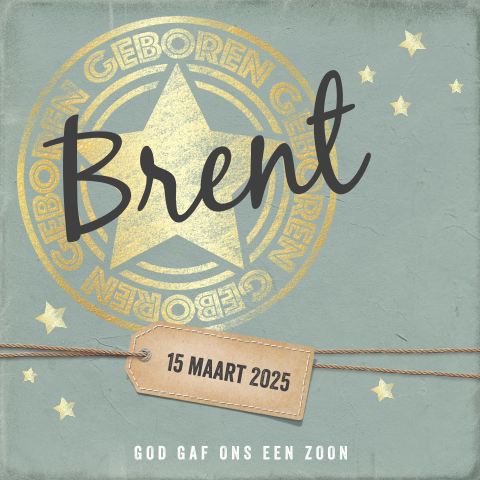 Stoer geboortekaartje voor een jongen met stempel in goudlook en label