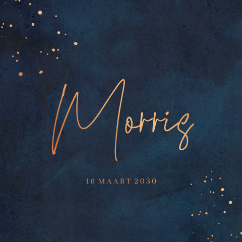 Stoer geboortekaartje met velvet-look, koperfolie en verfspetters