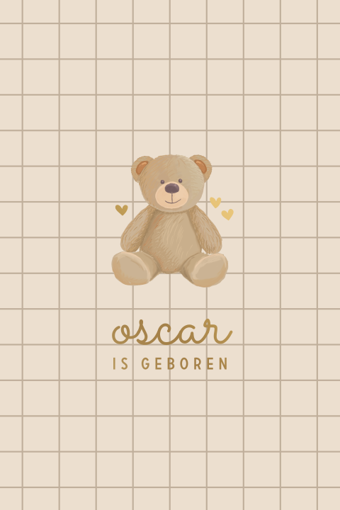 Origineel beige geboortekaartje met ruitjes en teddy beertje