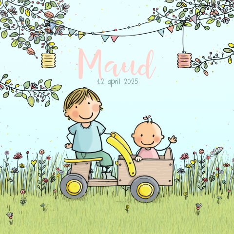 Geboortekaartje zusje met tekening van broer in houten fiets kar