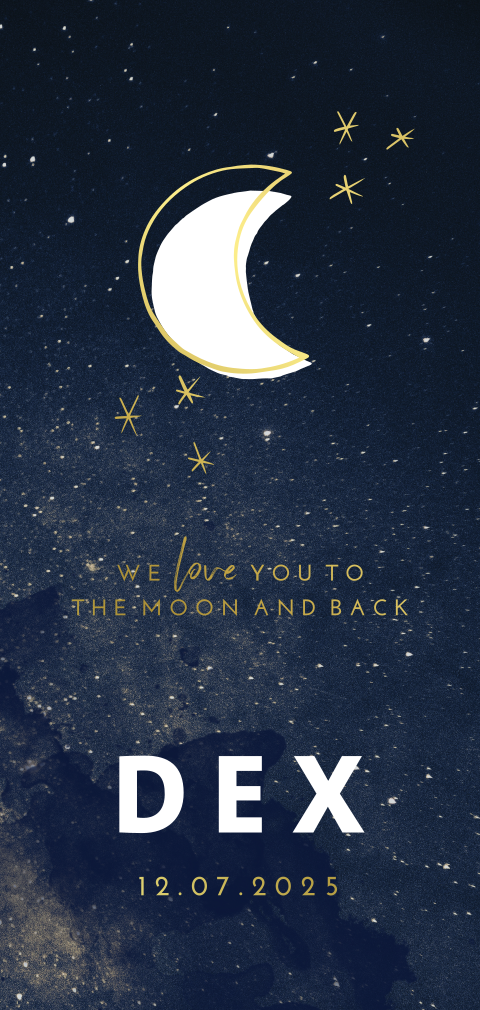 Geboortekaartje voor jongen met goudfolie maan en ster in het heelal