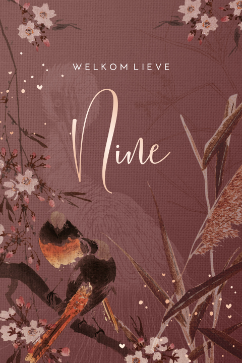 Bohemian geboortekaartje met paarse velvet-look en roségoudfolie