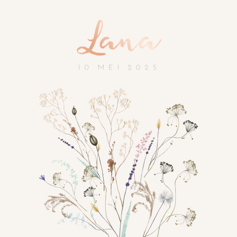 Roségoudfolie geboortekaartje met takjes en bloemen in waterverf