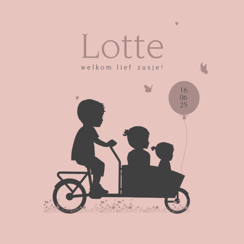 Roze geboortekaartje zusje met silhouetjes en bakfiets
