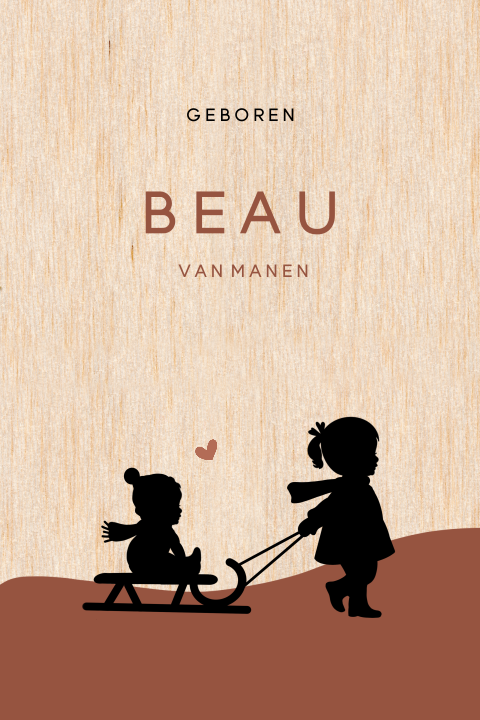 Echt houten geboortekaartje met silhouetten van 2 meisjes en slee