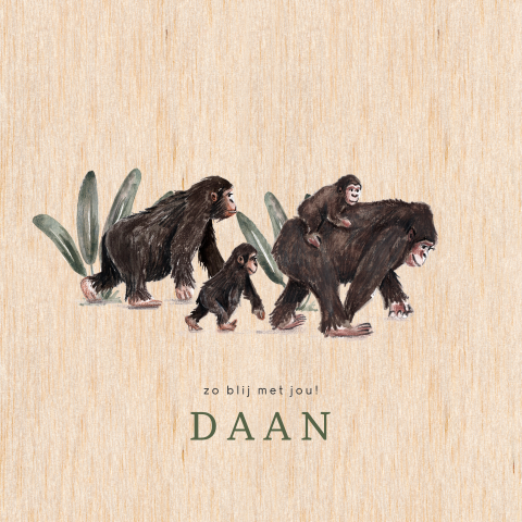 Echt houten vierkant geboortekaartje voor een tweede kindje met aapjes