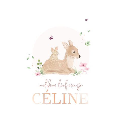 Roségoudfolie babykaartje met hertje en konijn