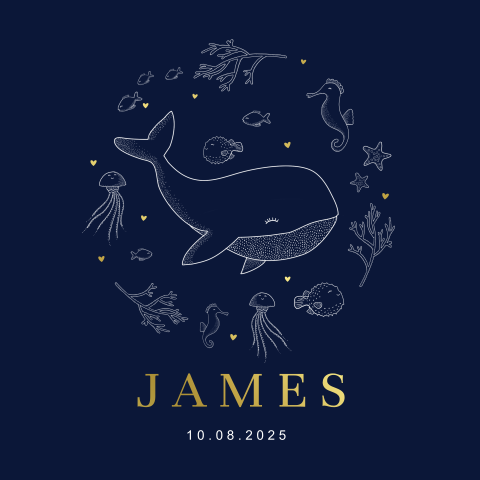 Hip goudfolie geboortekaartje voor jongen met zeedieren op donkerblauw