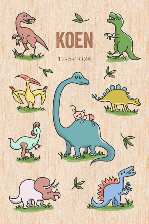 Stoer geboortekaartje met kleurrijke dino's op écht hout