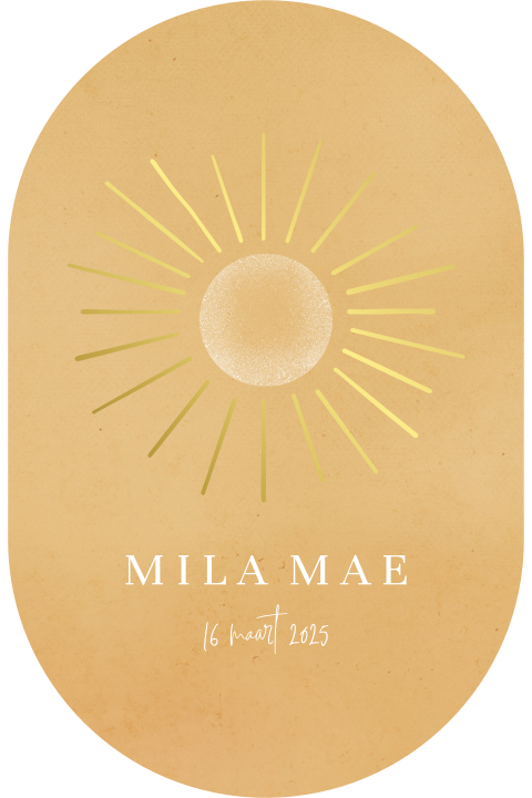 Uniek ovaal geboortekaartje met goudfolie zon voor een meisje