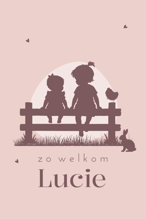 Geboortekaartje met silhouet van zus en baby zusje in boerderijstijl 