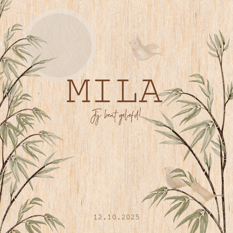 Prachtig babykaartje met vogels en bamboe op echt hout