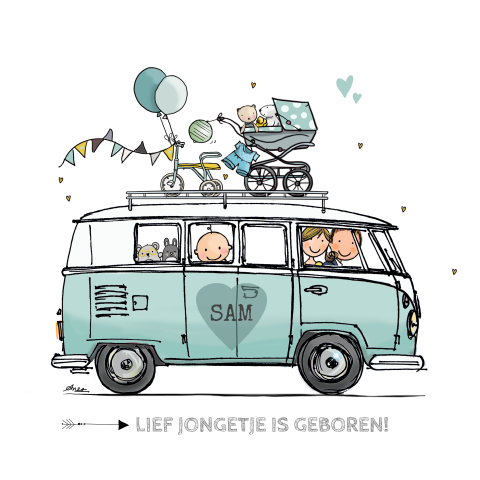 Stoer geboortekaartje met getekende illustraties