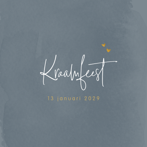 Kraamborrel uitnodiging blauw met goudlook hartjes