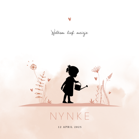 Geboortekaart dochter roze watercolor met silhouet en gietertje