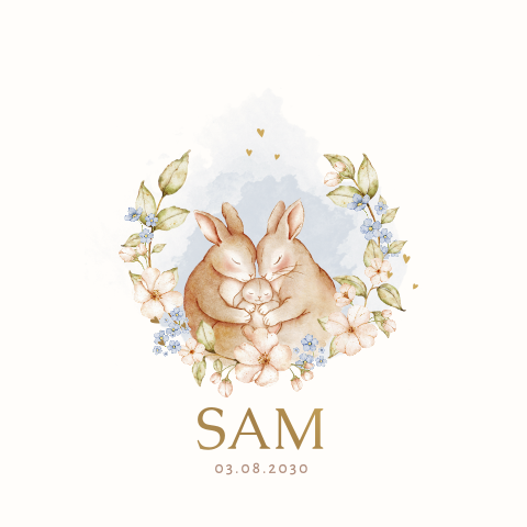 Mat goudfolie geboortekaartje met veldbloemen en konijnen familie