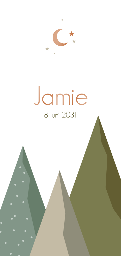 Langwerpig geboortekaartje met bergen, sterren en maan in hoogglans