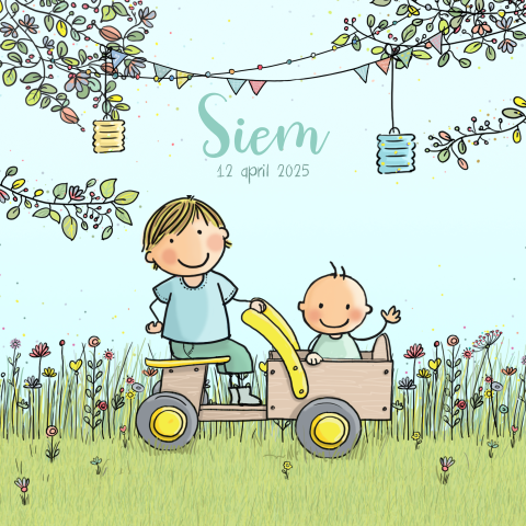 Geboortekaartje jongen met illustratie van broertje in fiets kar