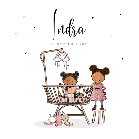 Lief geboortekaartje tekening kindje en zusje in rotanwieg