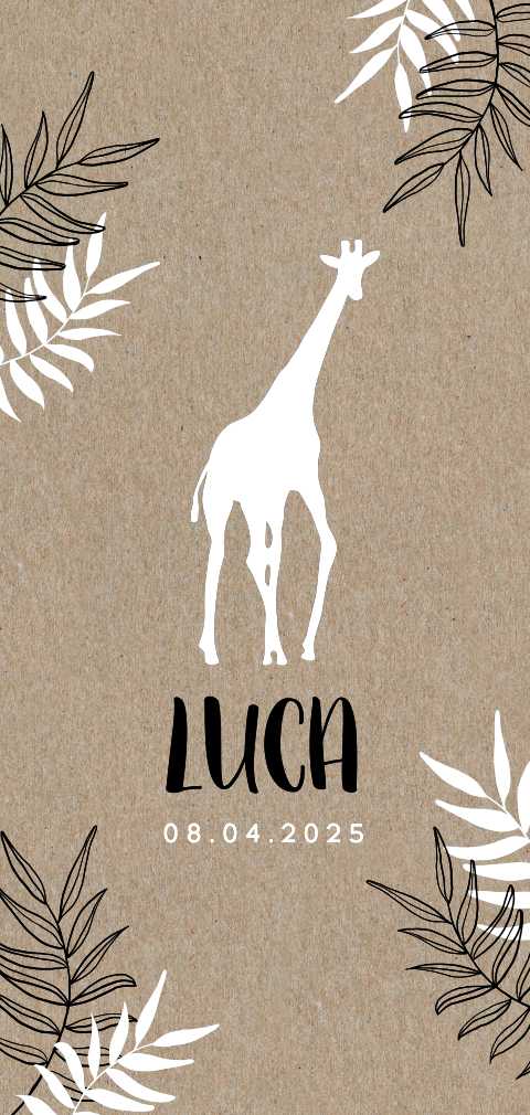 Echt kraft geboortekaartje voor jongen met silhouet giraf en bladeren