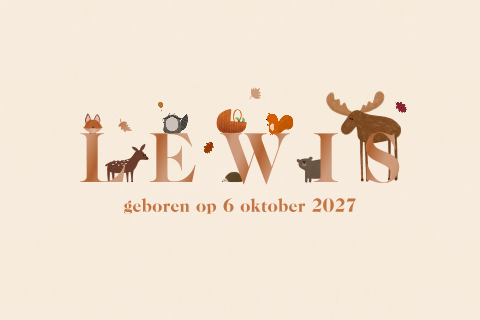 Hoogglans herfst geboortekaartje met naam en bosdieren