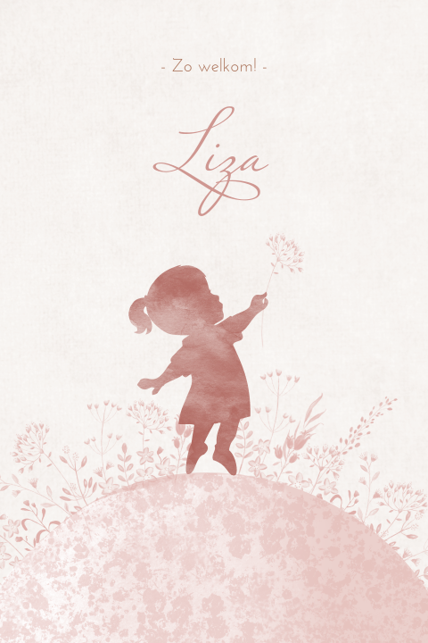 Schattig geboortekaartje voor een meisje met silhouetje en bloemen