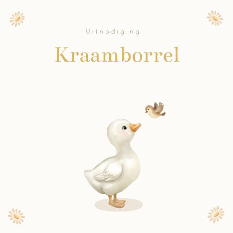 Kraamborrelkaart met eendje, vogel en bloemen