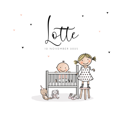 Schattig geboortekaartje met tekening van ledikant met zusjes