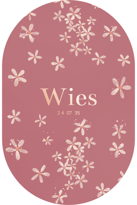 Roségoudfolie geboortekaartje ovaal met bloemetjes patroon