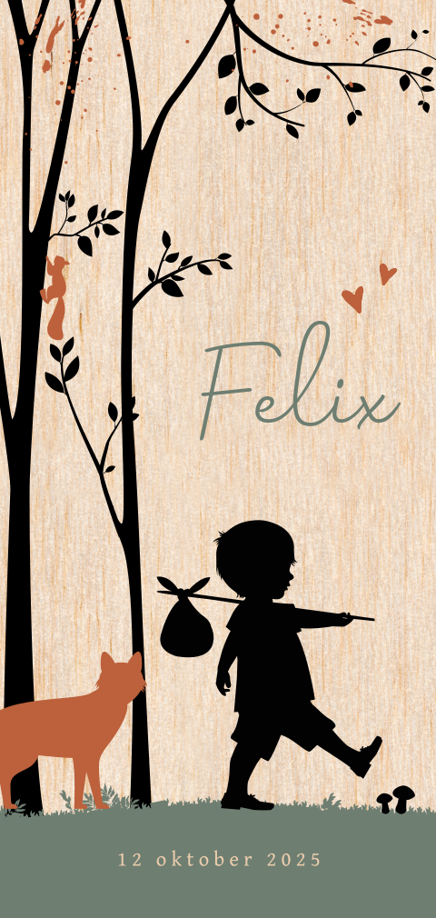 Hip houten geboortekaartje voor jongen met vos en boom