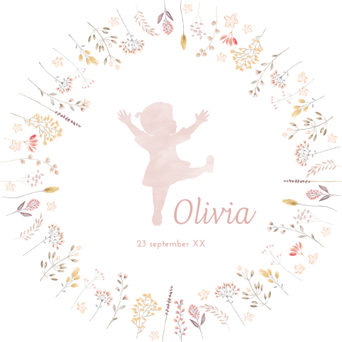 Rond geboortekaartje met silhouet en lieve bloemetjes