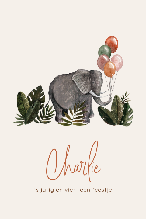 Uitnodiging verjaardagsfeestje jungle thema met olifant en ballonnen
