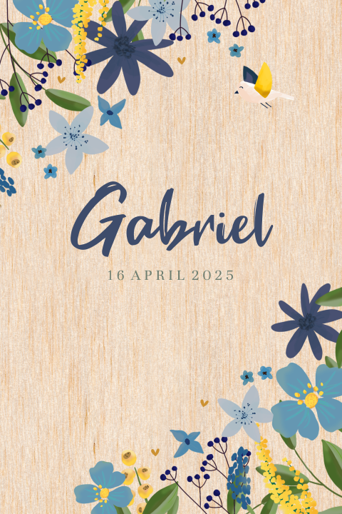 Echt hout geboortekaartje jongetje met zomerbloemen blauw en rondhoek