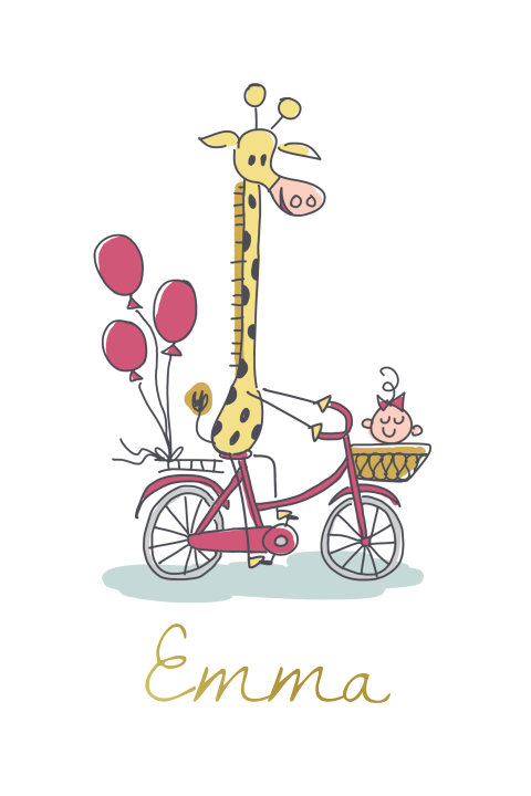Geboortekaartje met giraffe op fiets met meisje
