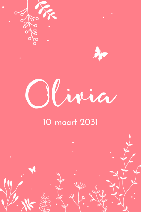 Schattig geboortekaartje voor meisje met tekening plantjes en vlinder