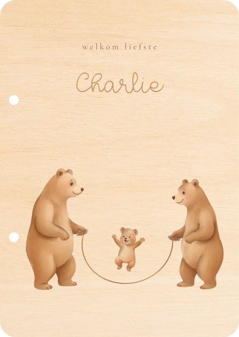 Houten bewaarbundel met berenfamilie en springtouw