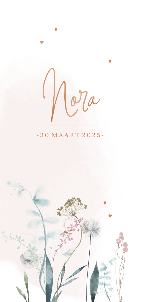 Trendy hoogglans geboortekaartje met takjes en bloemetjes