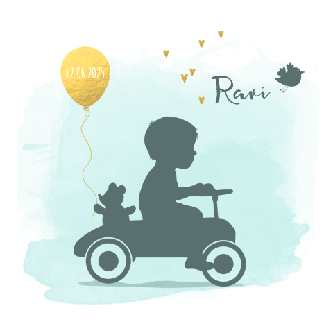Hip geboortekaartje met silhouet van jongen op loopauto